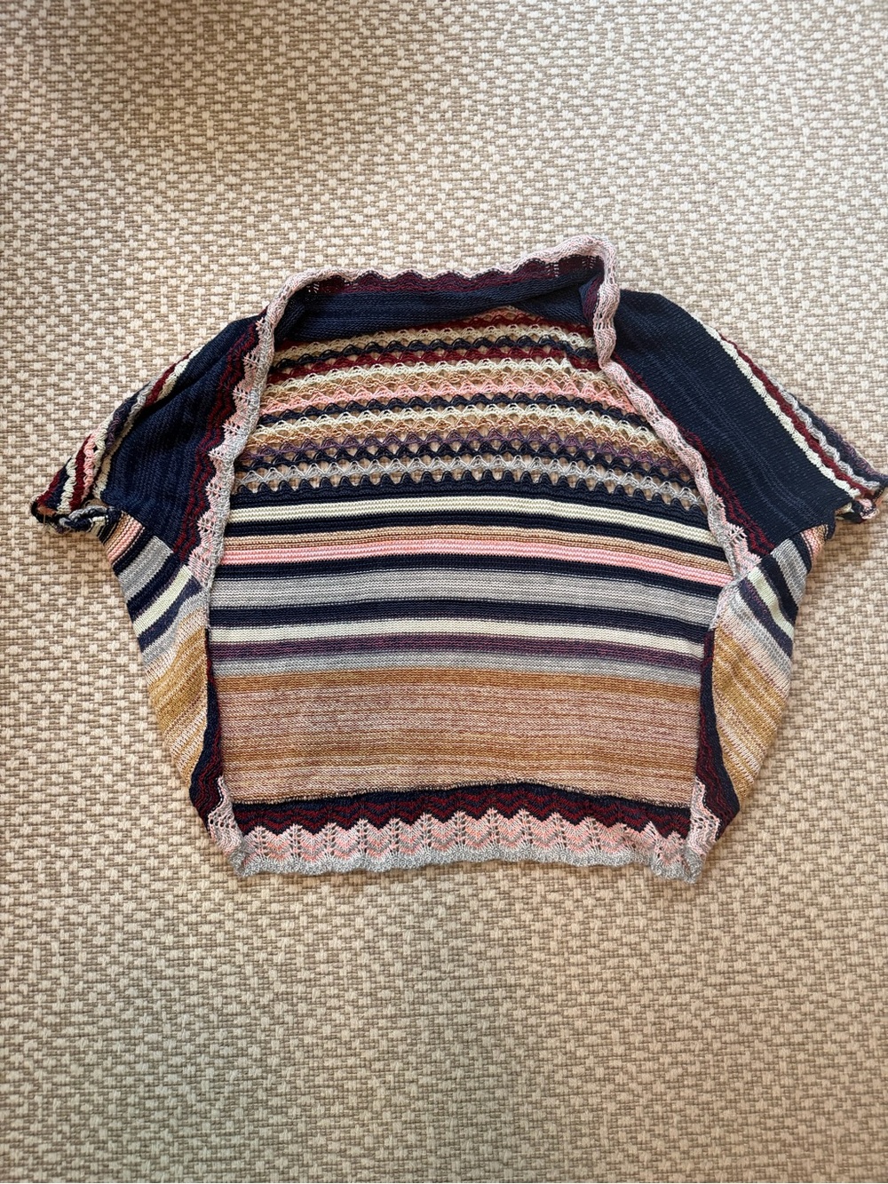 Anthropologie Moth Striped Multicolor Open-Front Cardigan with Scalloped Trim
